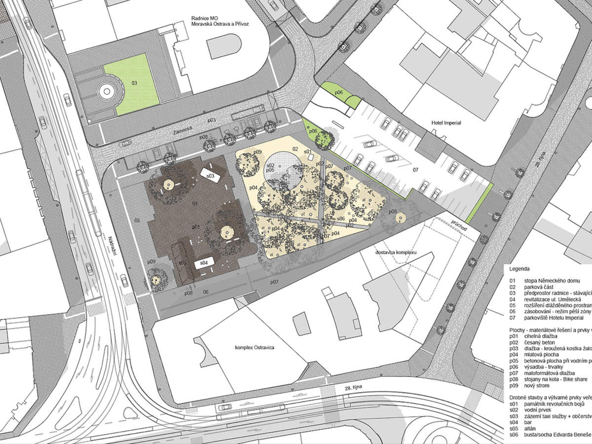 situace bez zástavby,  náměstí Dr. E. Beneše - návrh doporučený k realizaci, 2. místo v soutěži, Mika Svoboda architekti, WMA Architects situace bez zástavby,  náměstí Dr. E. Beneše - návrh doporučený k realizaci, 2. místo v soutěži, Mika Svoboda architekti, WMA Architects