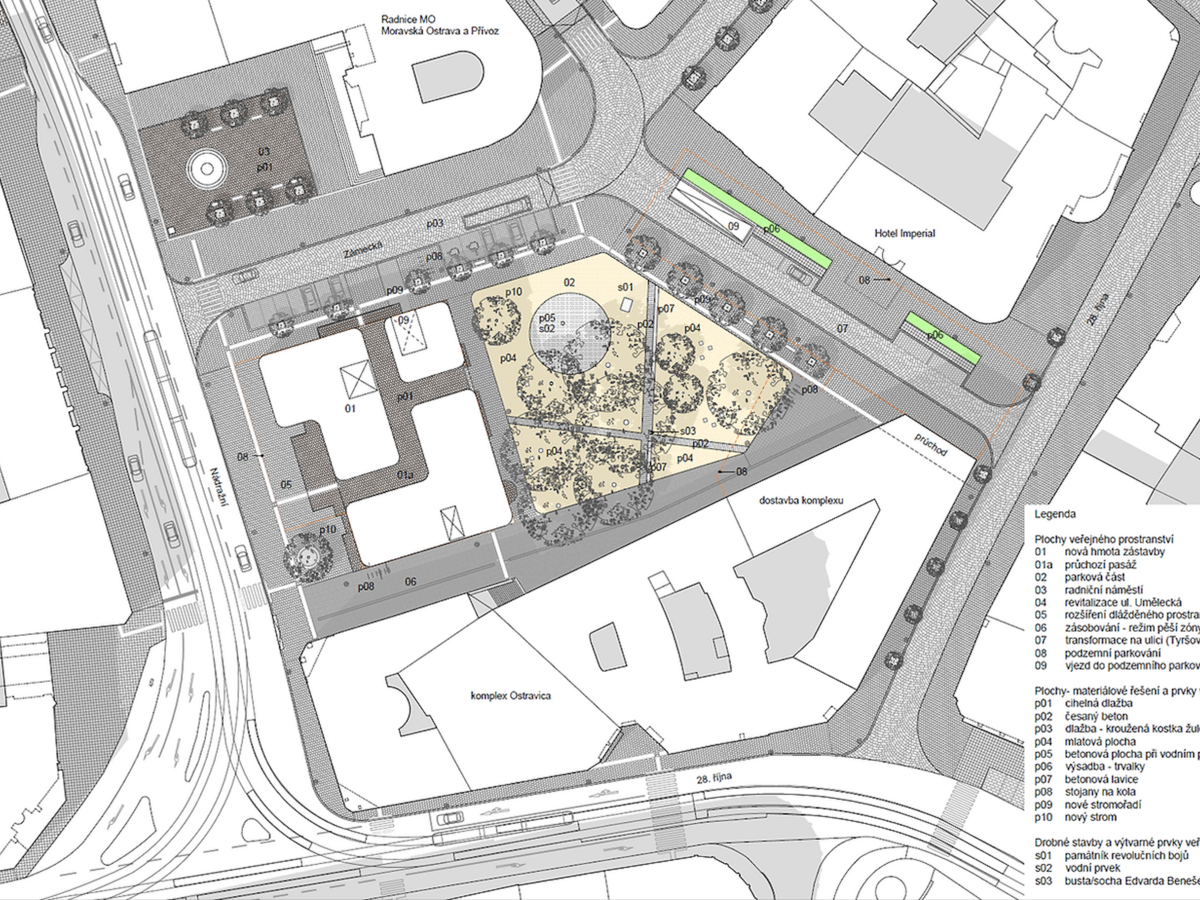 situace se zástavbou, náměstí Dr. E. Beneše - návrh doporučený k realizaci, 2. místo v soutěži, Mika Svoboda architekti, WMA Architects situace se zástavbou, náměstí Dr. E. Beneše - návrh doporučený k realizaci, 2. místo v soutěži, Mika Svoboda architekti, WMA Architects